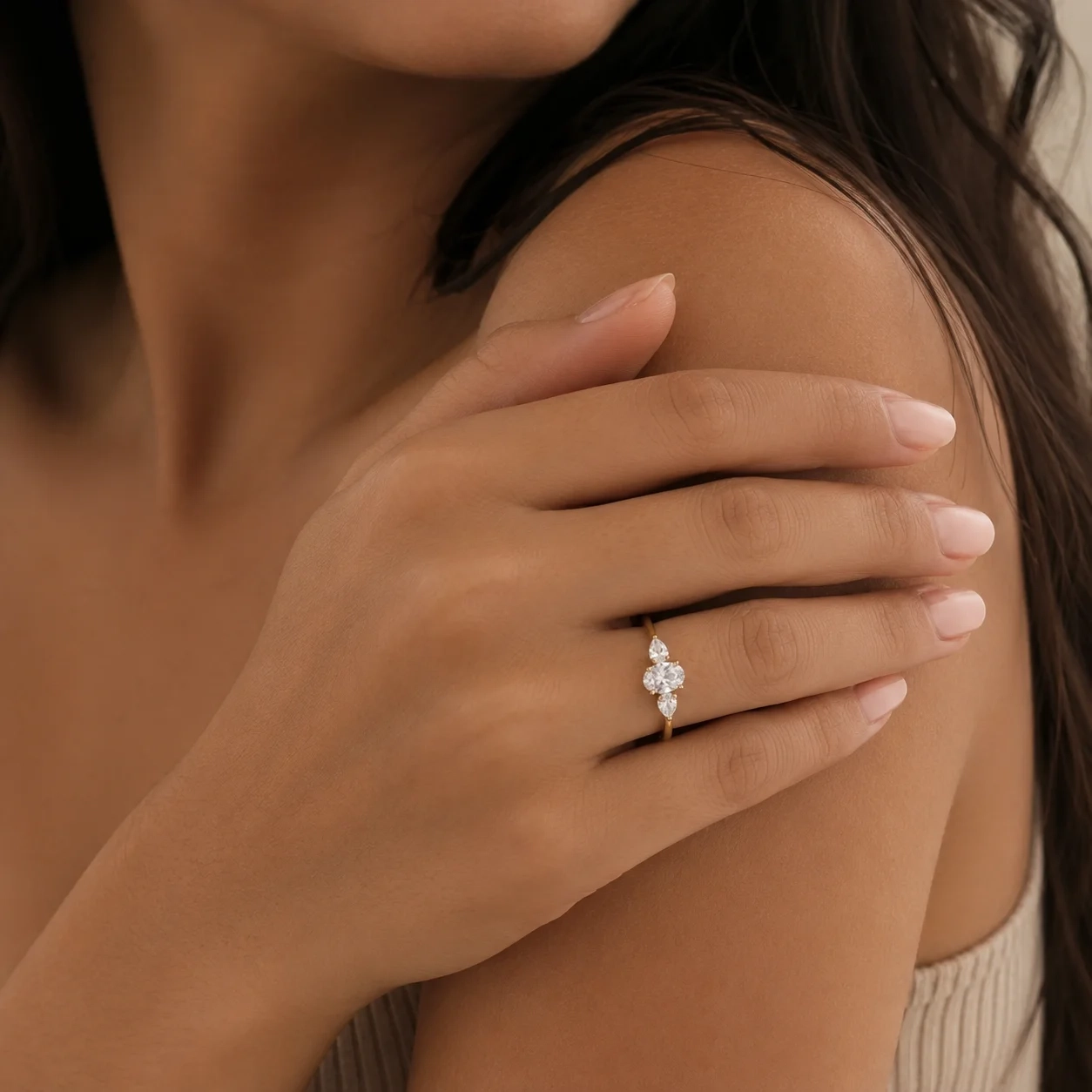 14K Gold LAB Oval & Pear Diamond Three-stone ring thumbnail 4