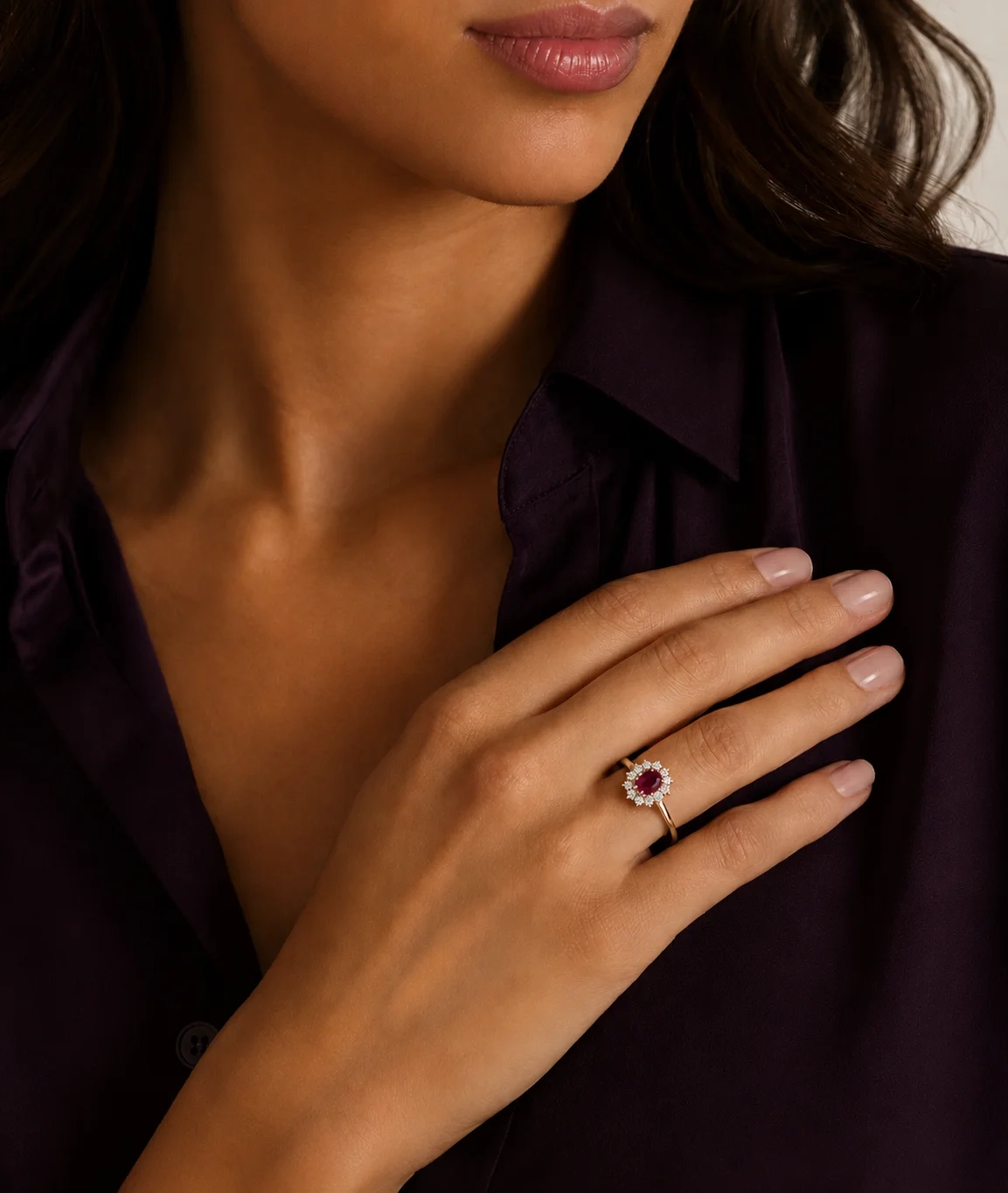 14K Gold Oval Gemstone & Lab Grown Diamond Halo Ring - LAB Created Ruby thumbnail 3
