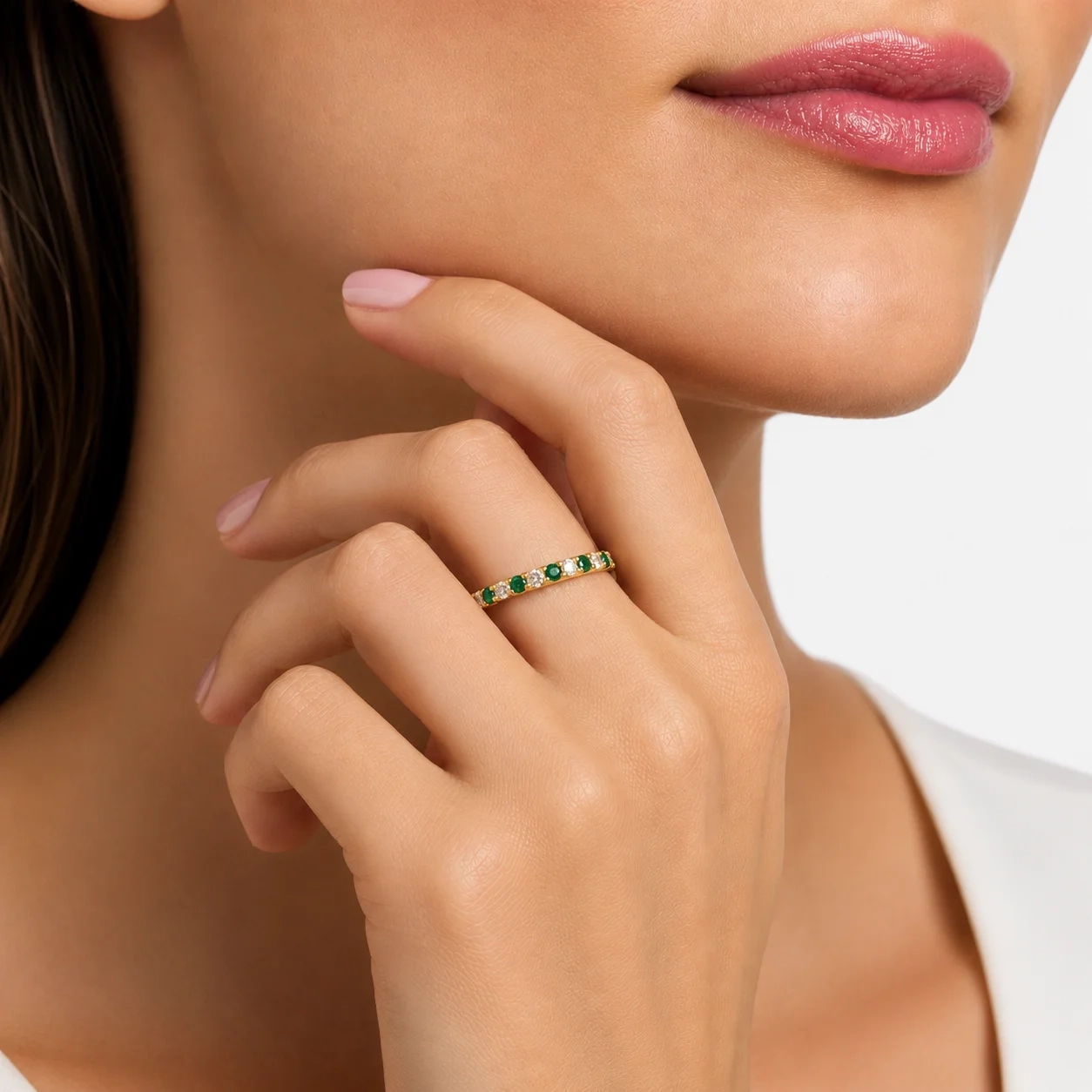 14K gold alternate Pavé LAB Gemstone and LAB Diamond Eternity band Ring - LAB Created Emerald thumbnail 2