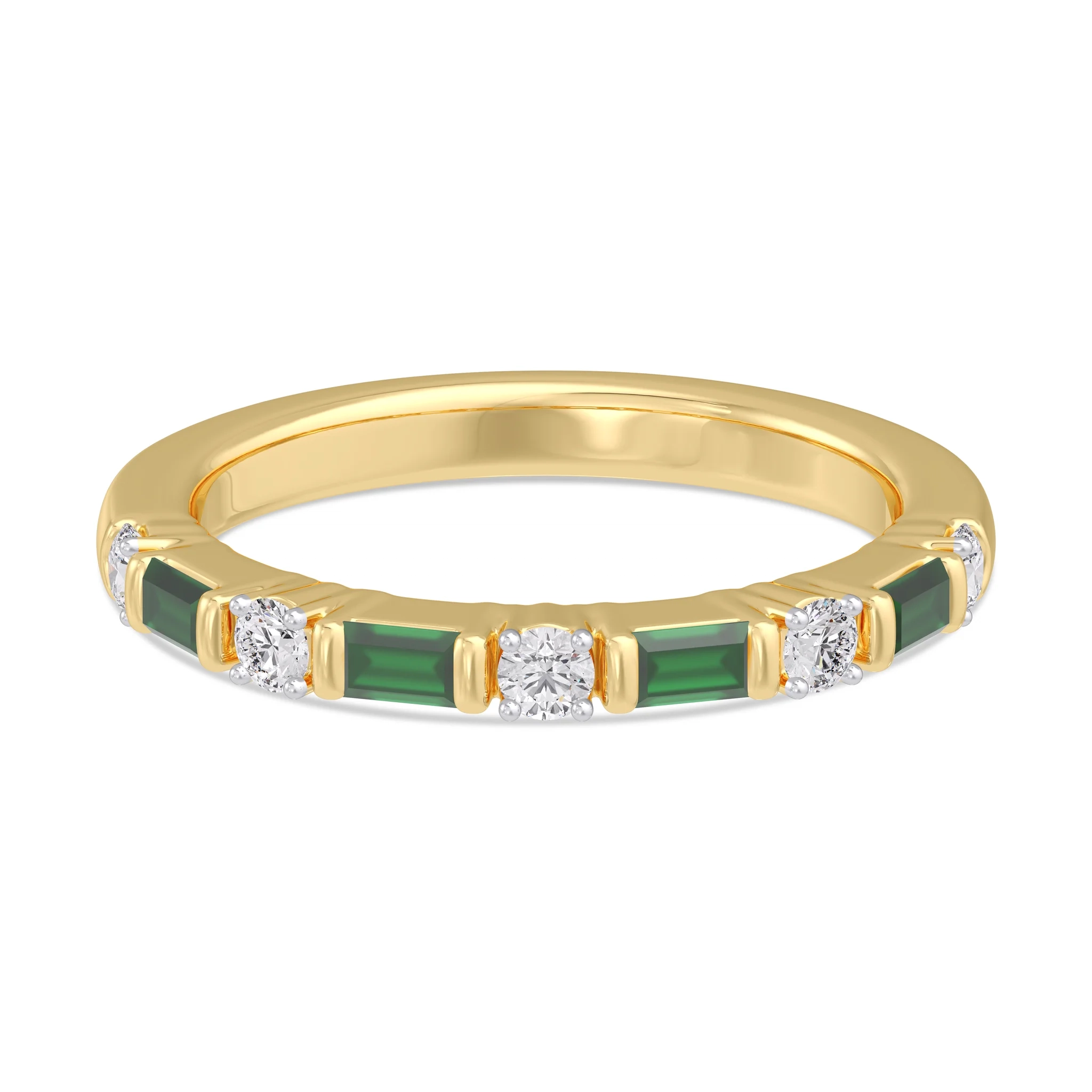 14K Gold Gemstone LAB Emerald Baguette with Lab Round Diamonds halfway band thumbnail 2