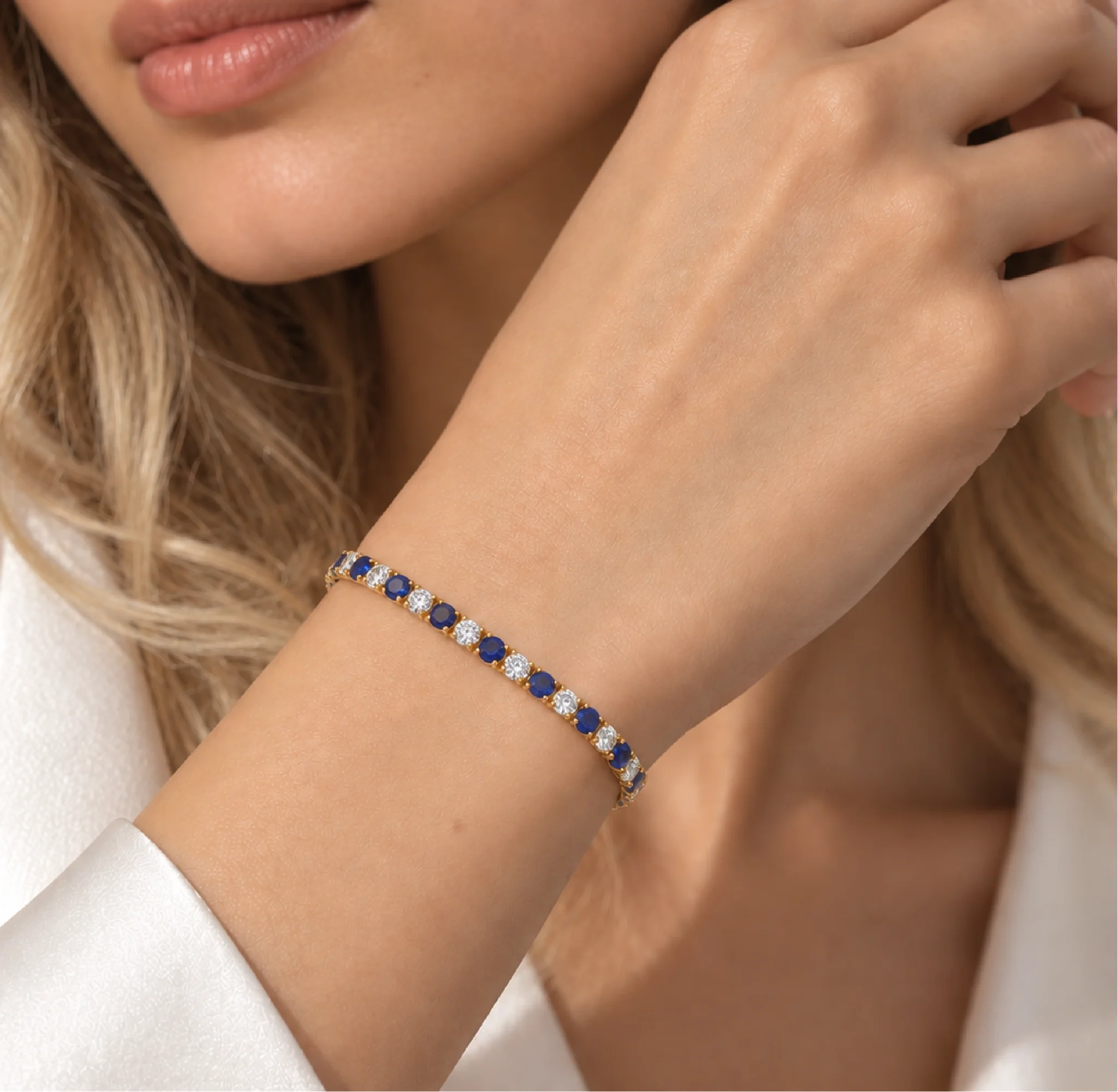 14K Gold alternating Lab Grown Diamond & gemstone Tennis Bracelet - LAB created Blue Sapphire thumbnail 2
