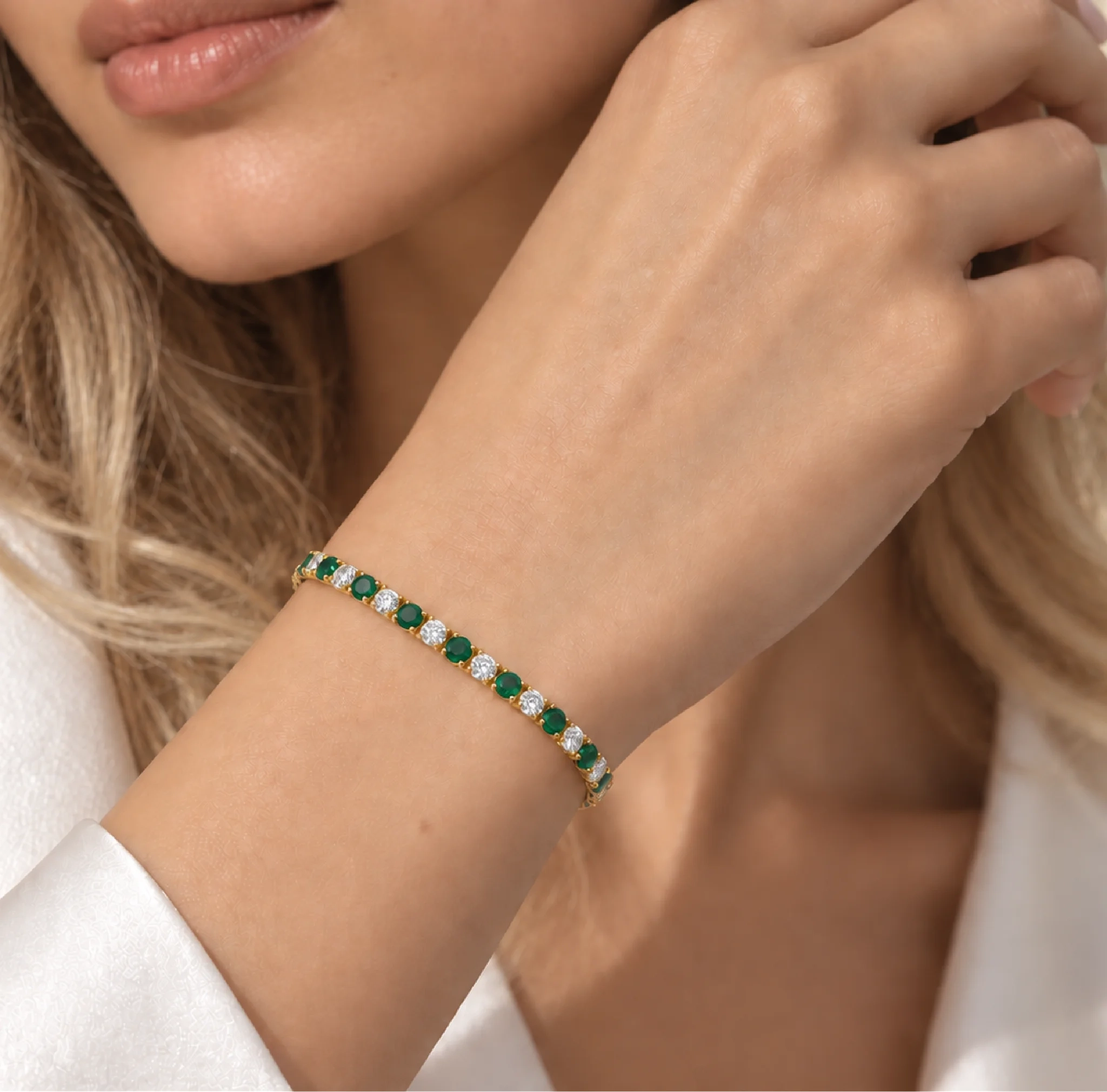 14K Gold alternating Lab Grown Diamond & gemstone Tennis Bracelet - LAB created Emerald thumbnail 2