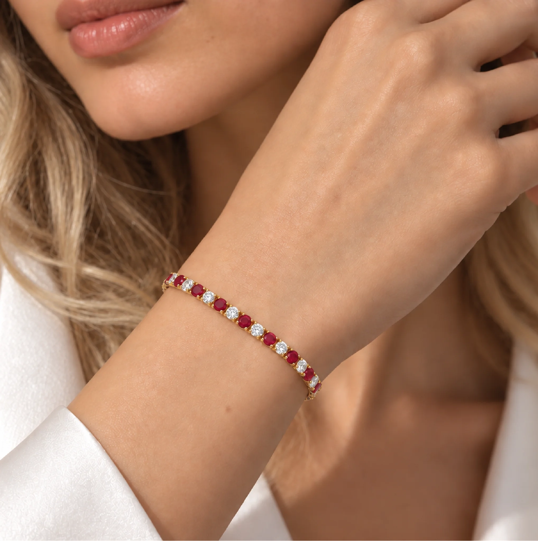 14K Gold alternating Lab Grown Diamond & gemstone Tennis Bracelet - LAB created Ruby thumbnail 2