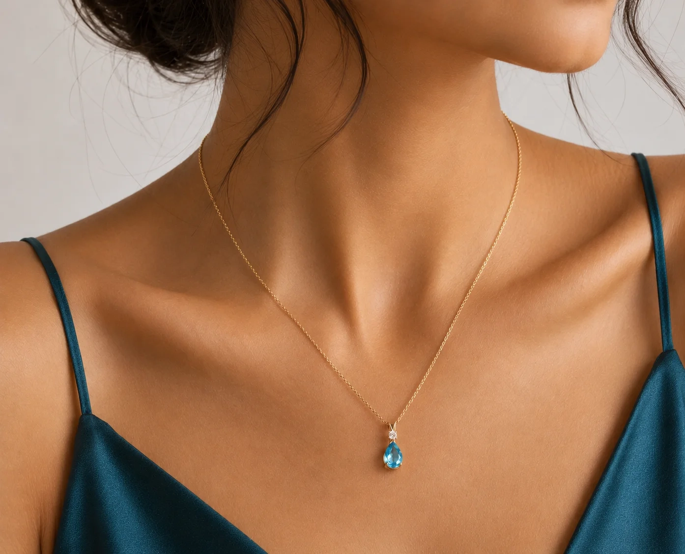 14K Gold Natural Diamond & Semi-Precious Gemstone Drop Necklace - Swiss Blue Topaz thumbnail 2