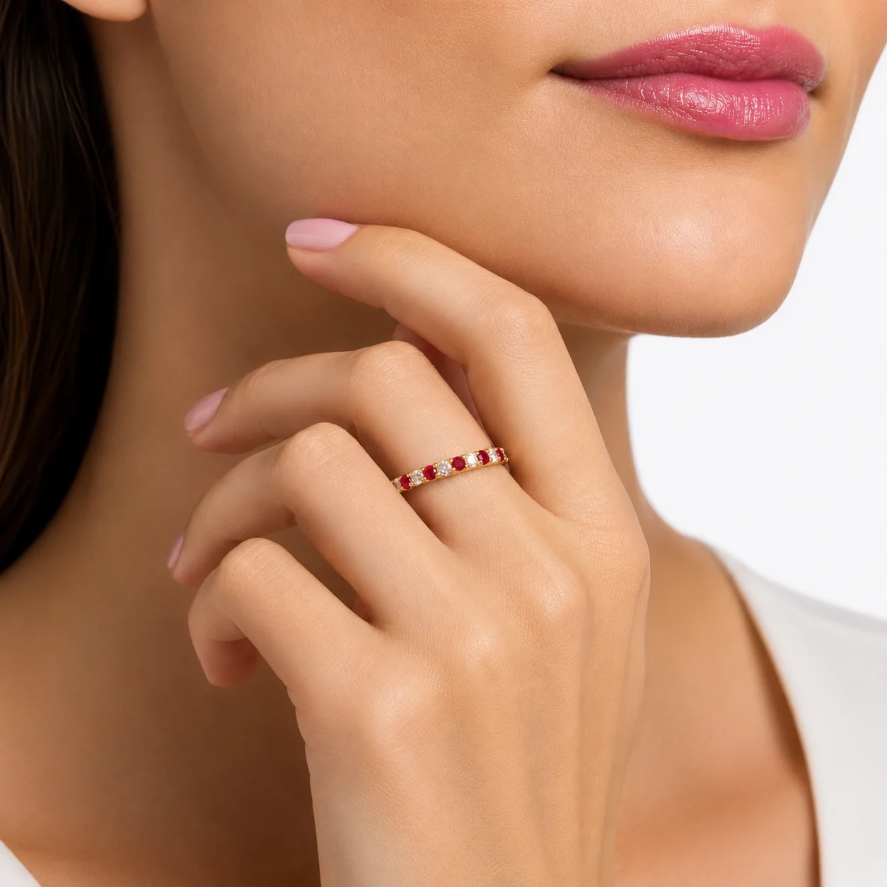 14K gold alternate Pavé LAB Gemstone and LAB Diamond Eternity band Ring - LAB Created Ruby thumbnail 3
