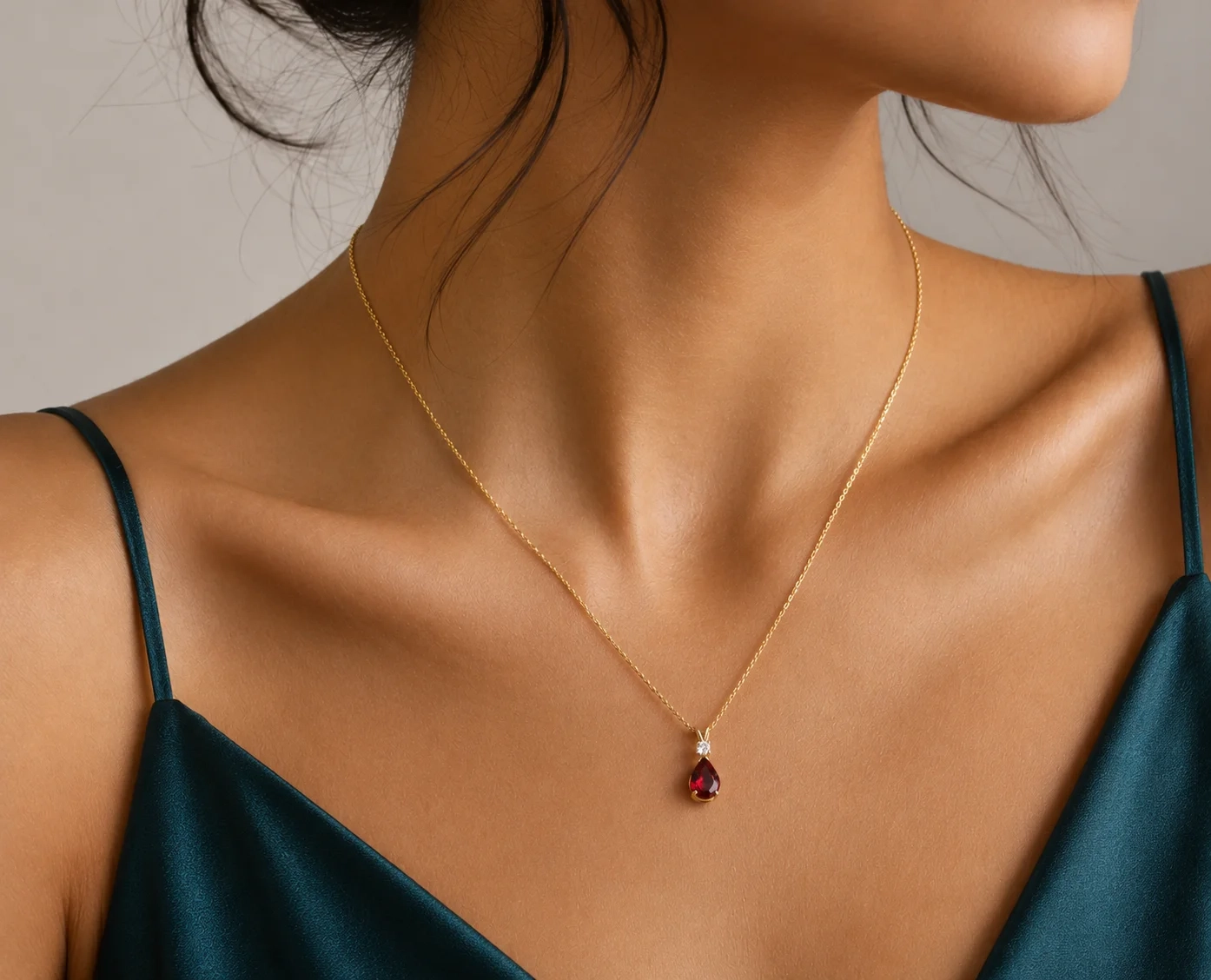 14K Gold Natural Diamond & Semi-Precious Gemstone Drop Necklace - Garnet thumbnail 2