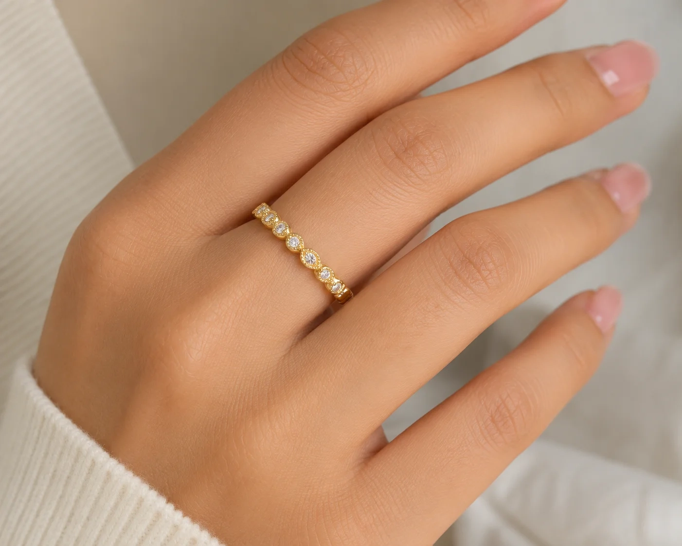 14K Gold LAB Diamond alternate bezel set Round & marquee shape vintage inspired ring thumbnail 3