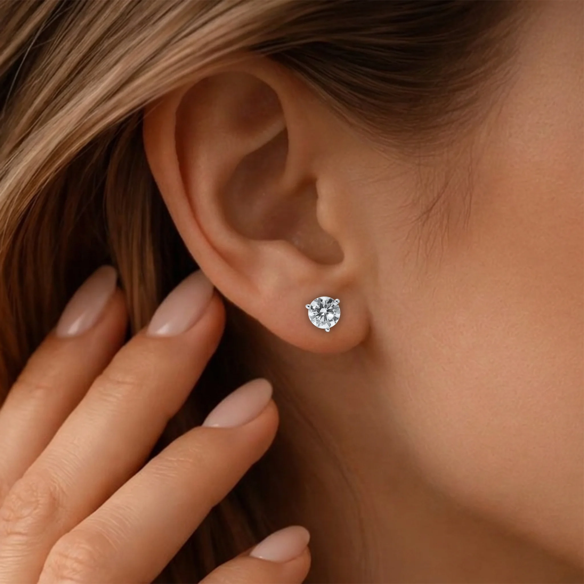 14K Gold Lab Grown Diamond Martini three prong studs - 2.0 ct thumbnail 2