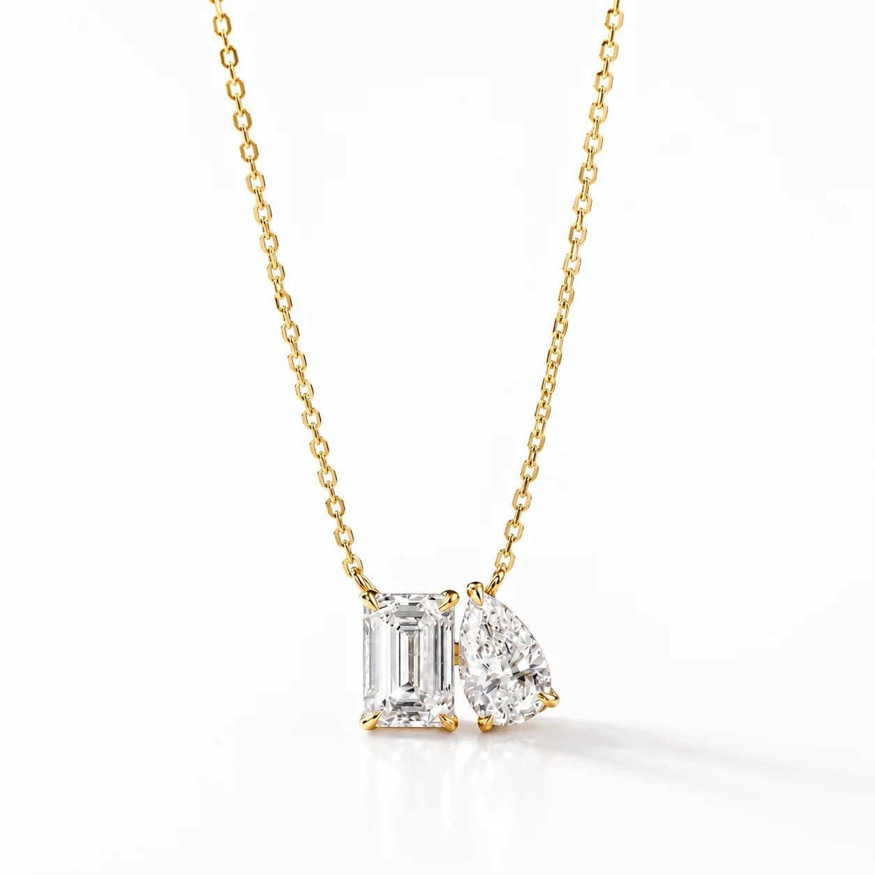 14K gold two stone Lab pear & emerald diamond Toi-et-moi Necklace product image 1