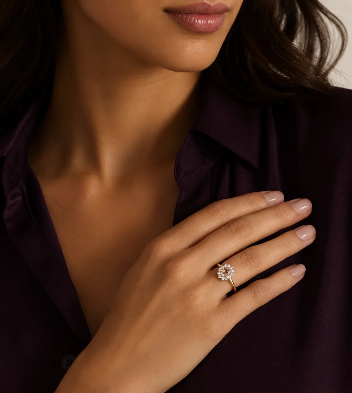 14K Gold Oval Gemstone & Lab Grown Diamond Halo Ring - Morganite thumbnail 3