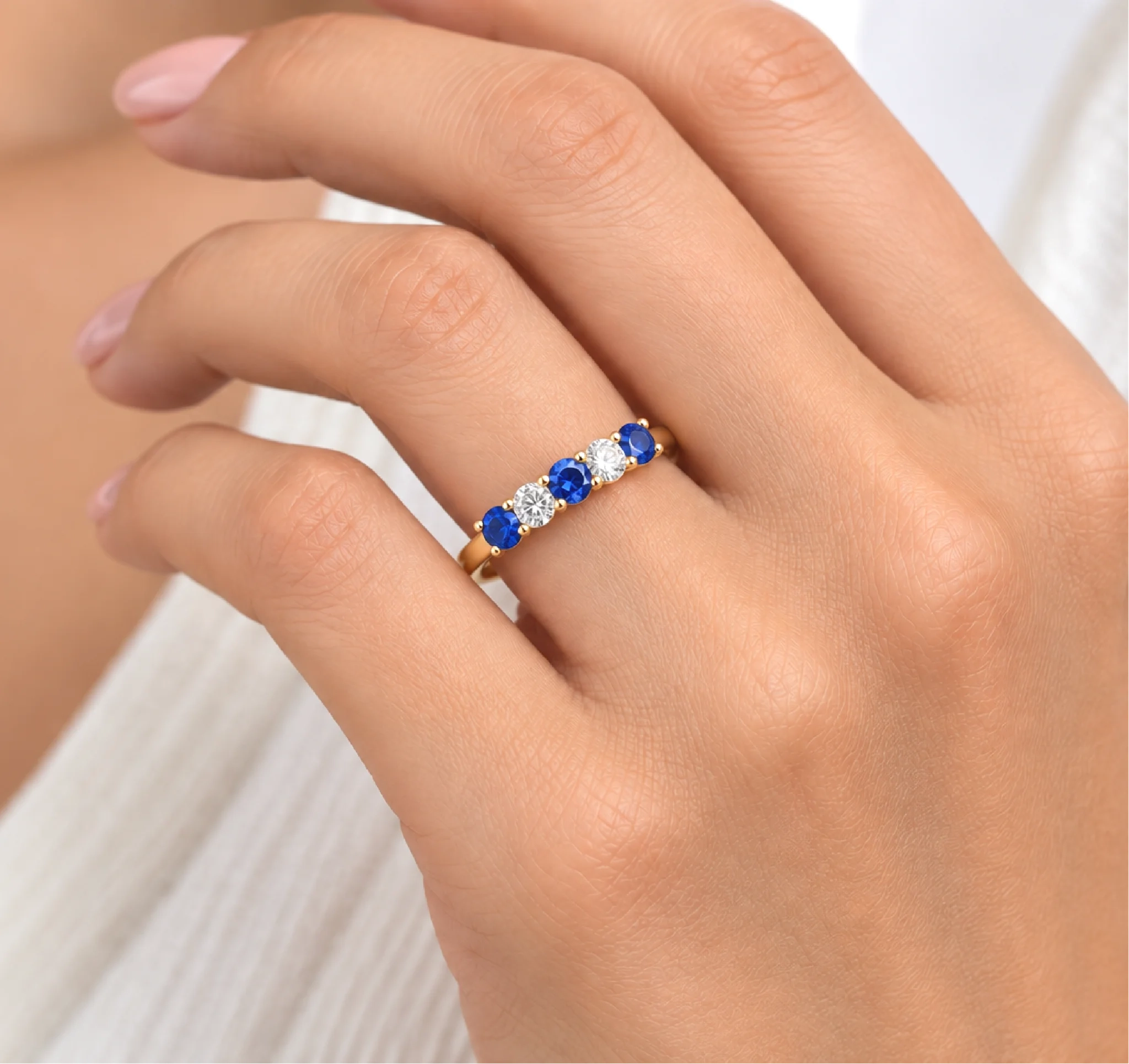 14K Gold alternating Lab Grown Diamond & gemstone Five stone band - LAB created Blue Sapphire thumbnail 4