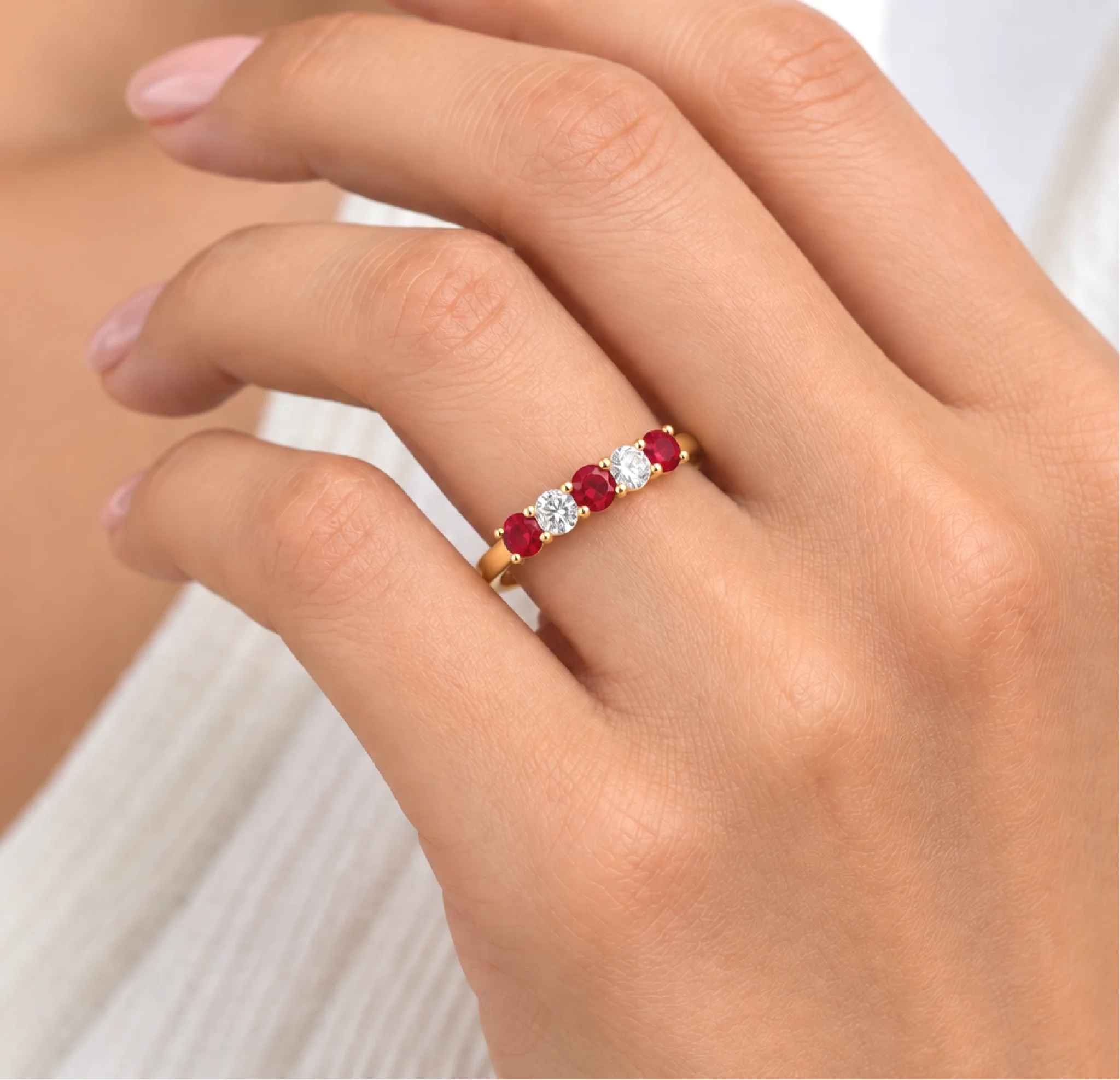 14K Gold alternating Lab Grown Diamond & gemstone Five stone band - LAB created Ruby thumbnail 4