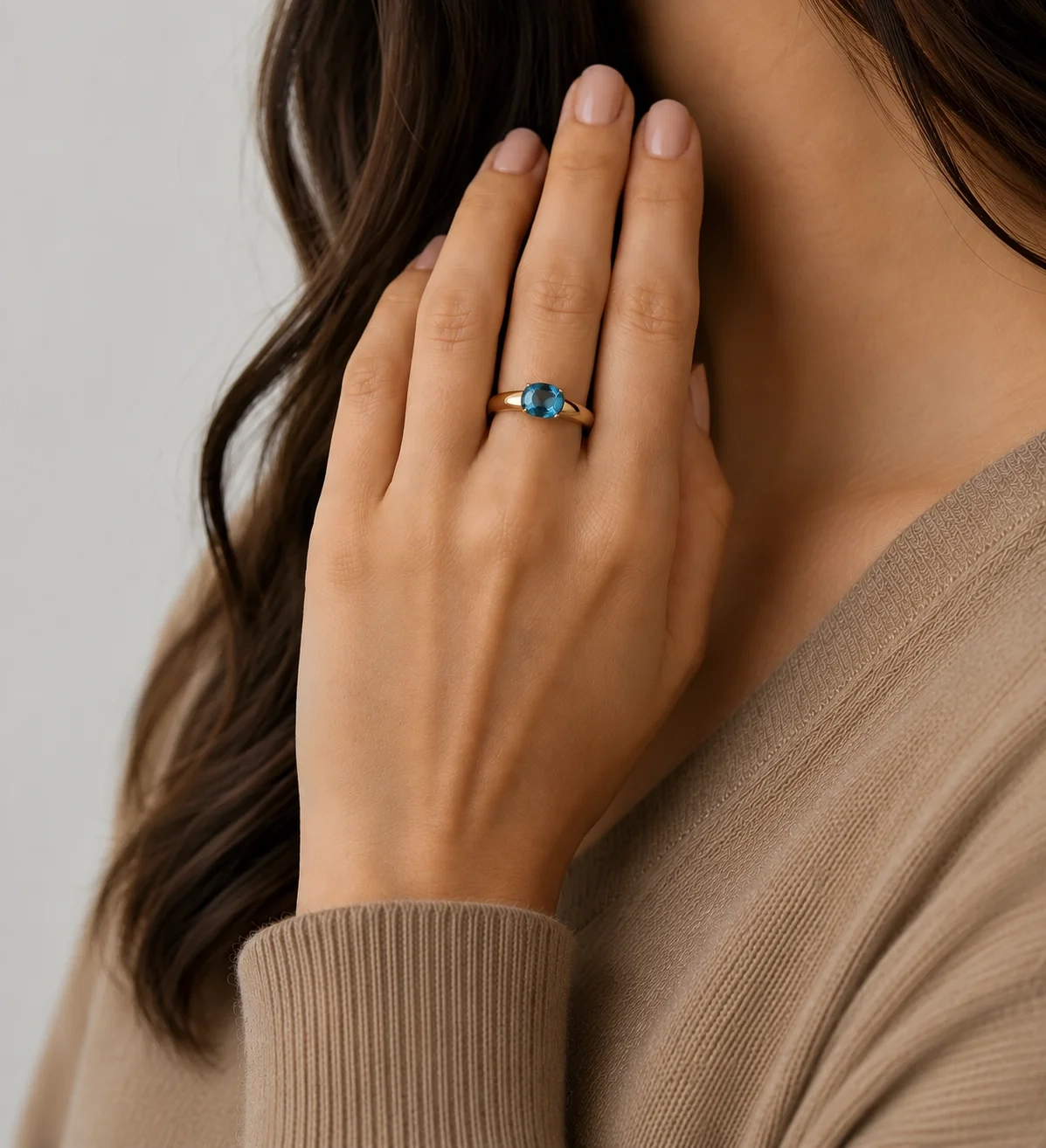 14K Gold Gemstone bold Ring - Swiss Blue Topaz thumbnail 2