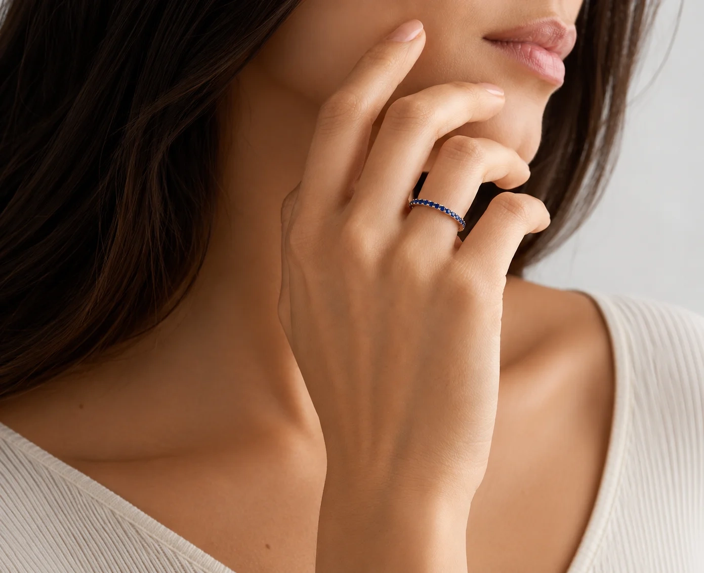 14K Gold LAB Gemstone Pave Eternity Band - LAB Created Blue Sapphire thumbnail 2