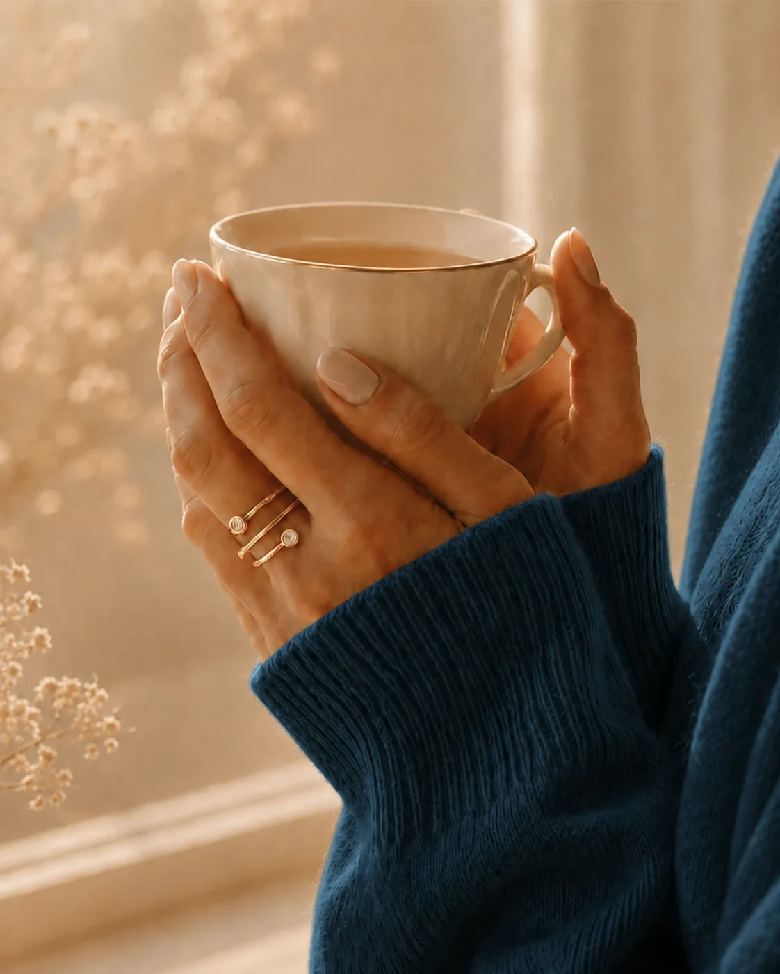 Hands wearing fine gold rings holding a ceramic mug